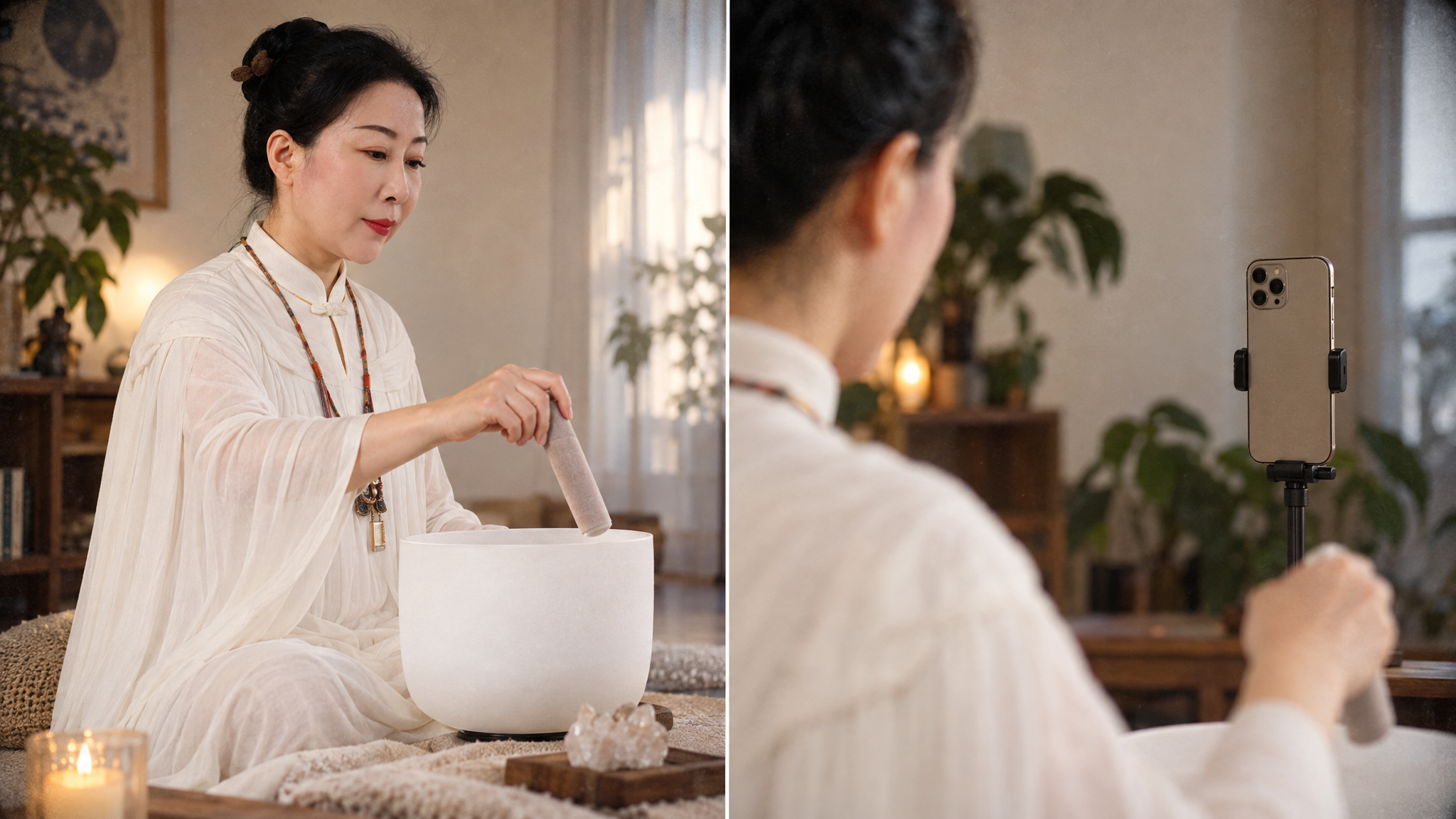 Shanyi preparing a singing bowl for a private sound healing session
